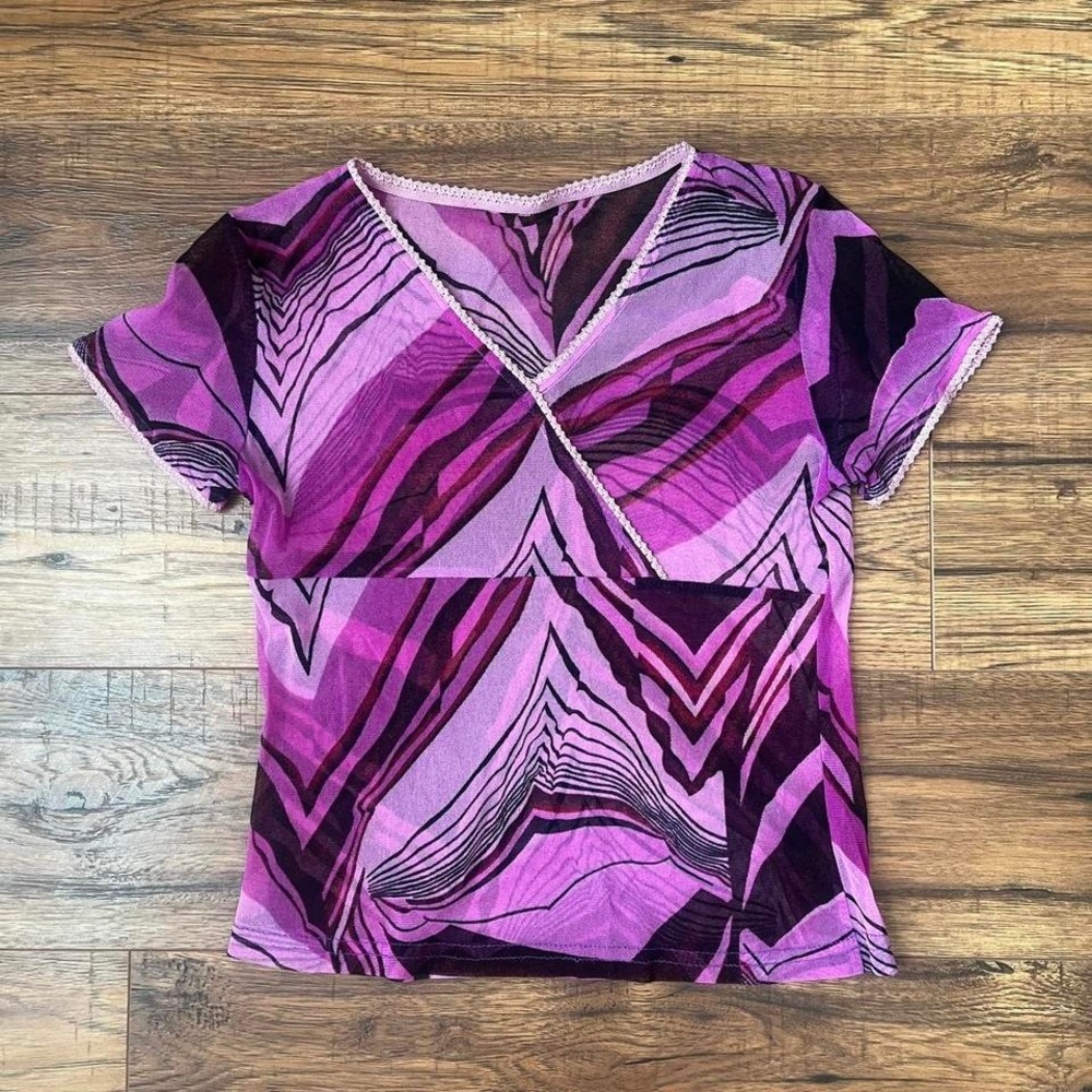 Y2K Purple Mesh Top Abstract‎ Print Semi Sheer Women Small Y2K Going Out Party